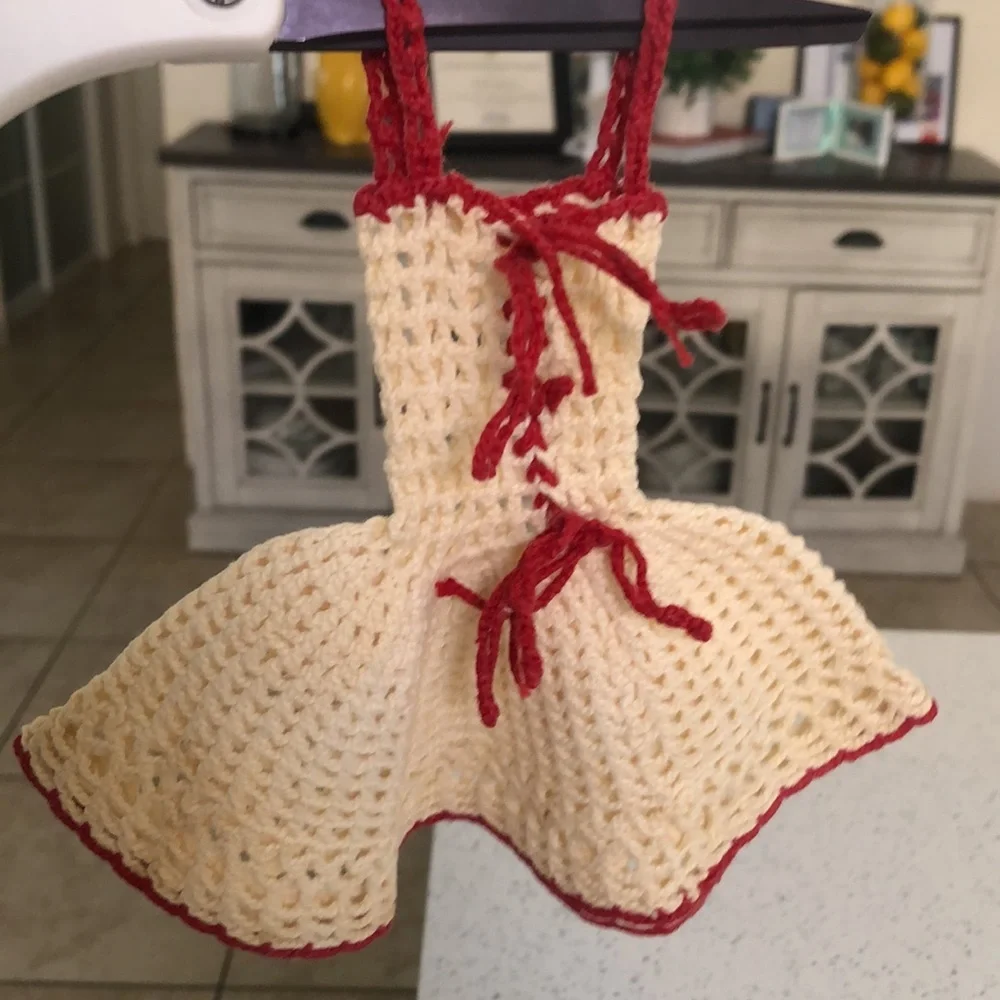 Vintage 50’s doll/kitchen hand crocheted red and cream dress